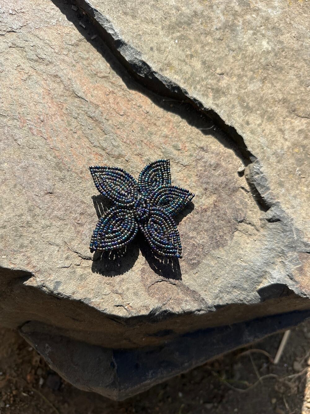 Vintage Brooch Black Blue Iridescent Seed Beaded Floral Statement Pin